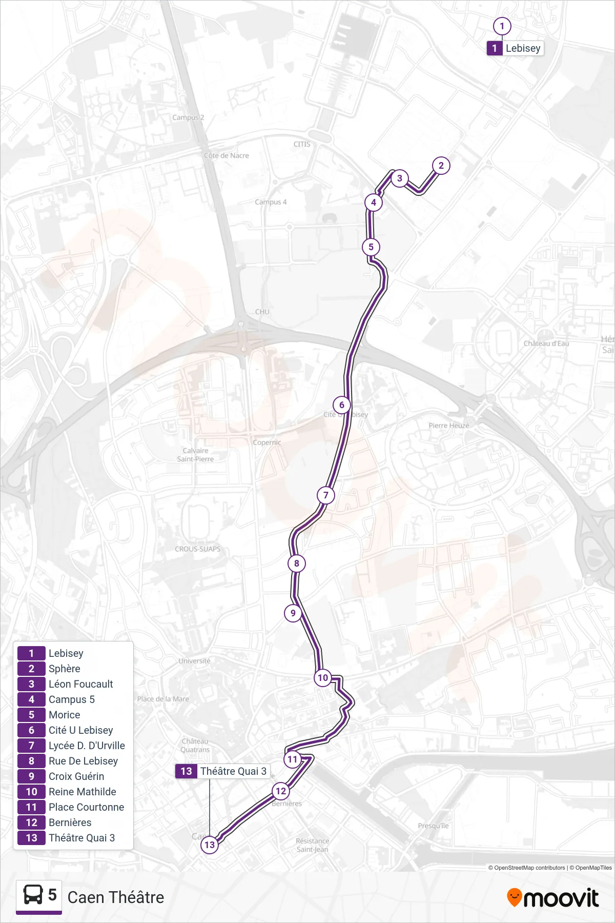 5 bus Line (Caen Théâtre) route and stops on a map