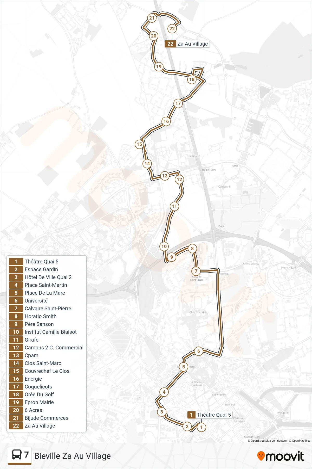Tracé et arrêts de la ligne 7 de bus (Bieville Za Au Village) sur une carte