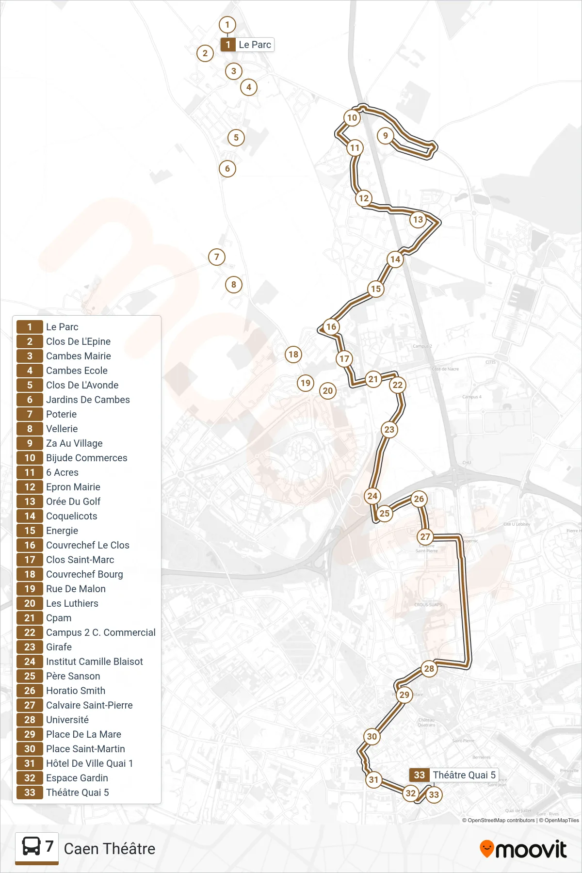 Tracé et arrêts de la ligne 7 de bus (Caen Théâtre) sur une carte