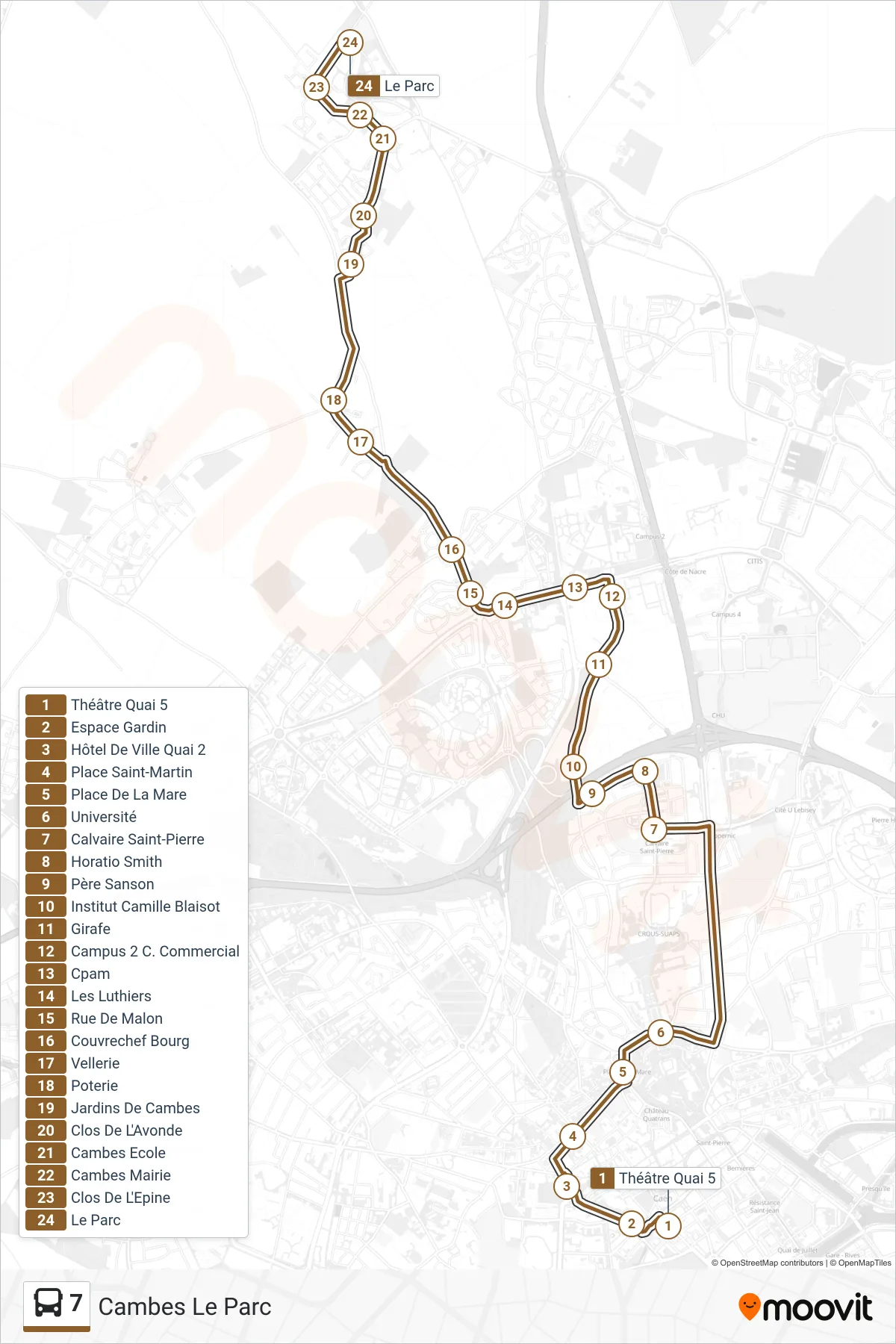 Tracé et arrêts de la ligne 7 de bus (Cambes Le Parc) sur une carte