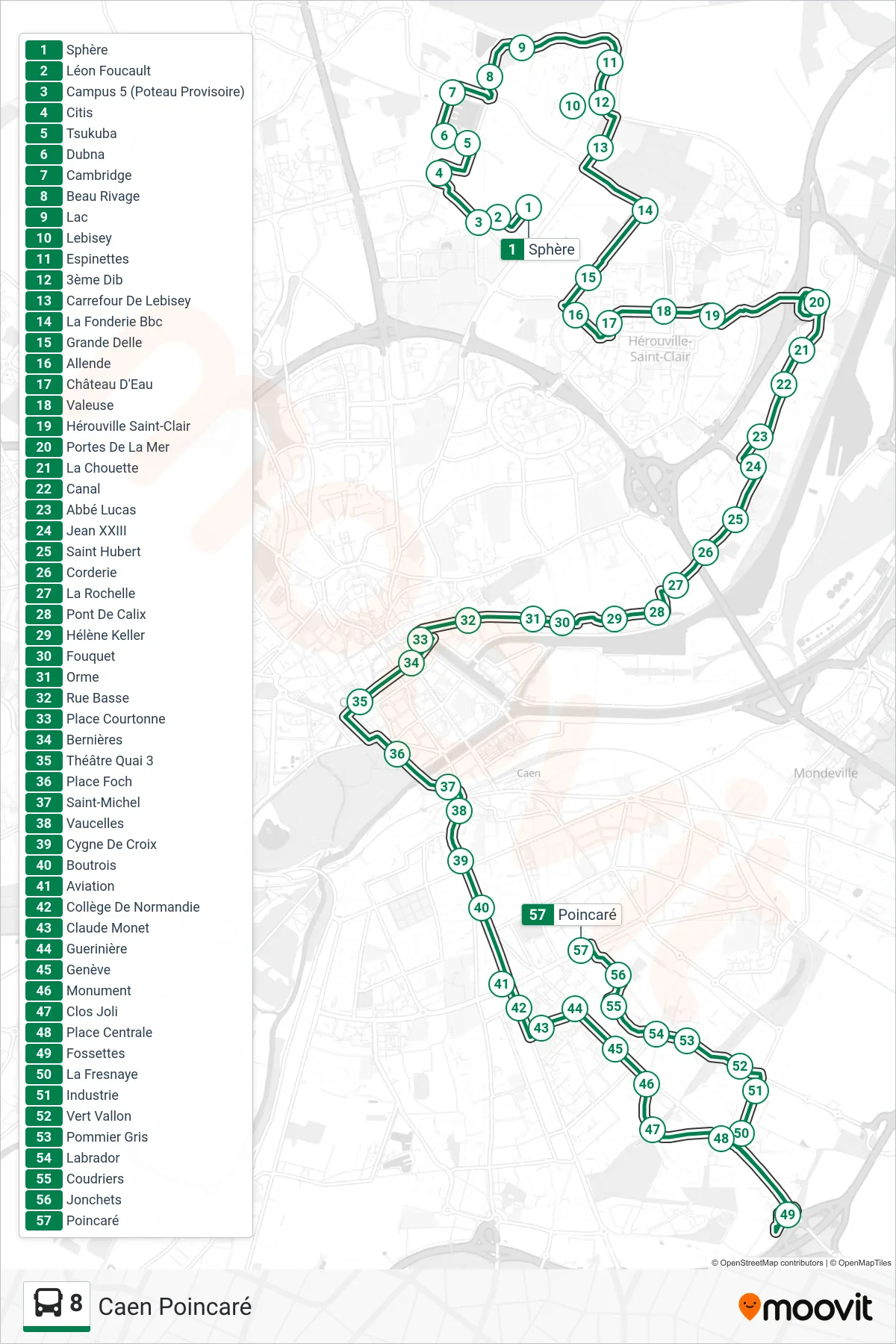 Tracé et arrêts de la ligne 8 de bus (Caen Poincaré) sur une carte