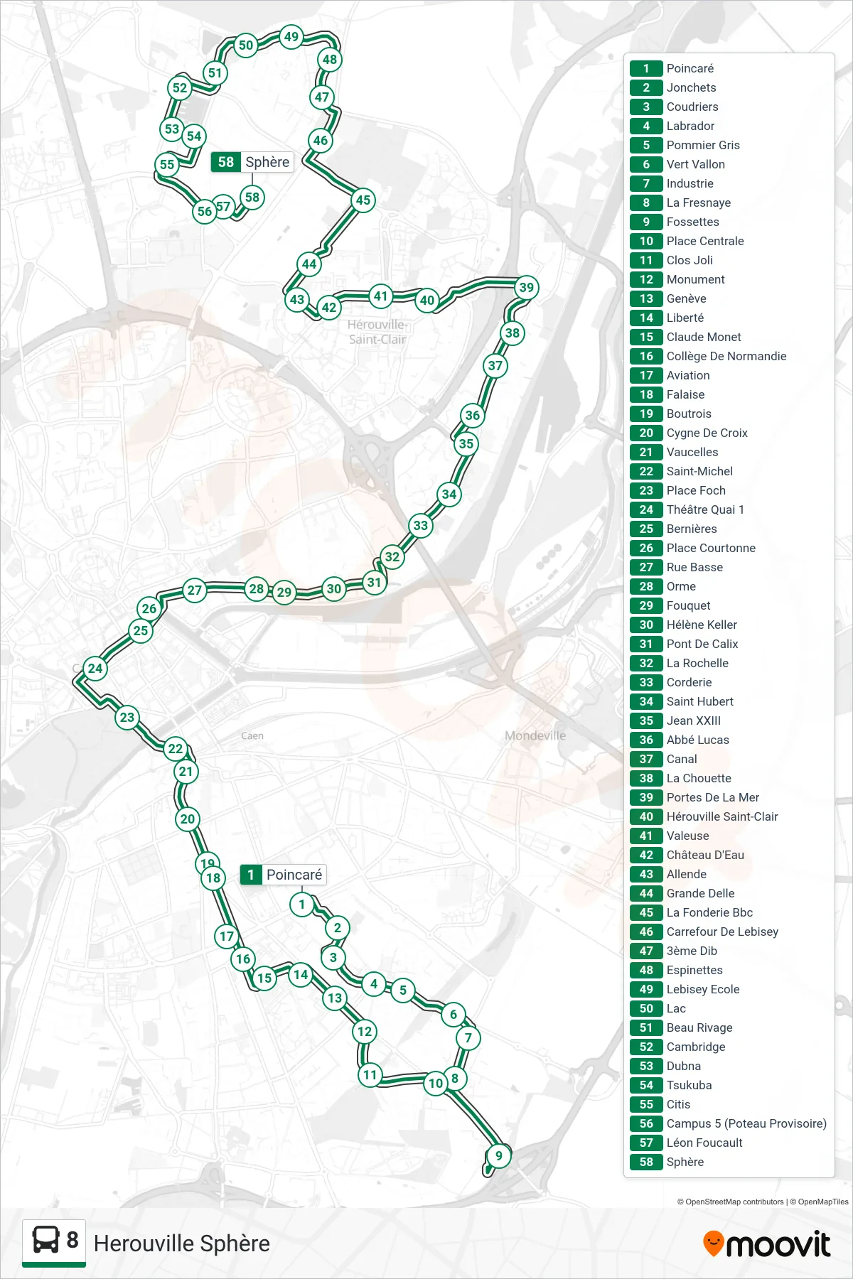 Tracé et arrêts de la ligne 8 de bus (Herouville Sphère) sur une carte