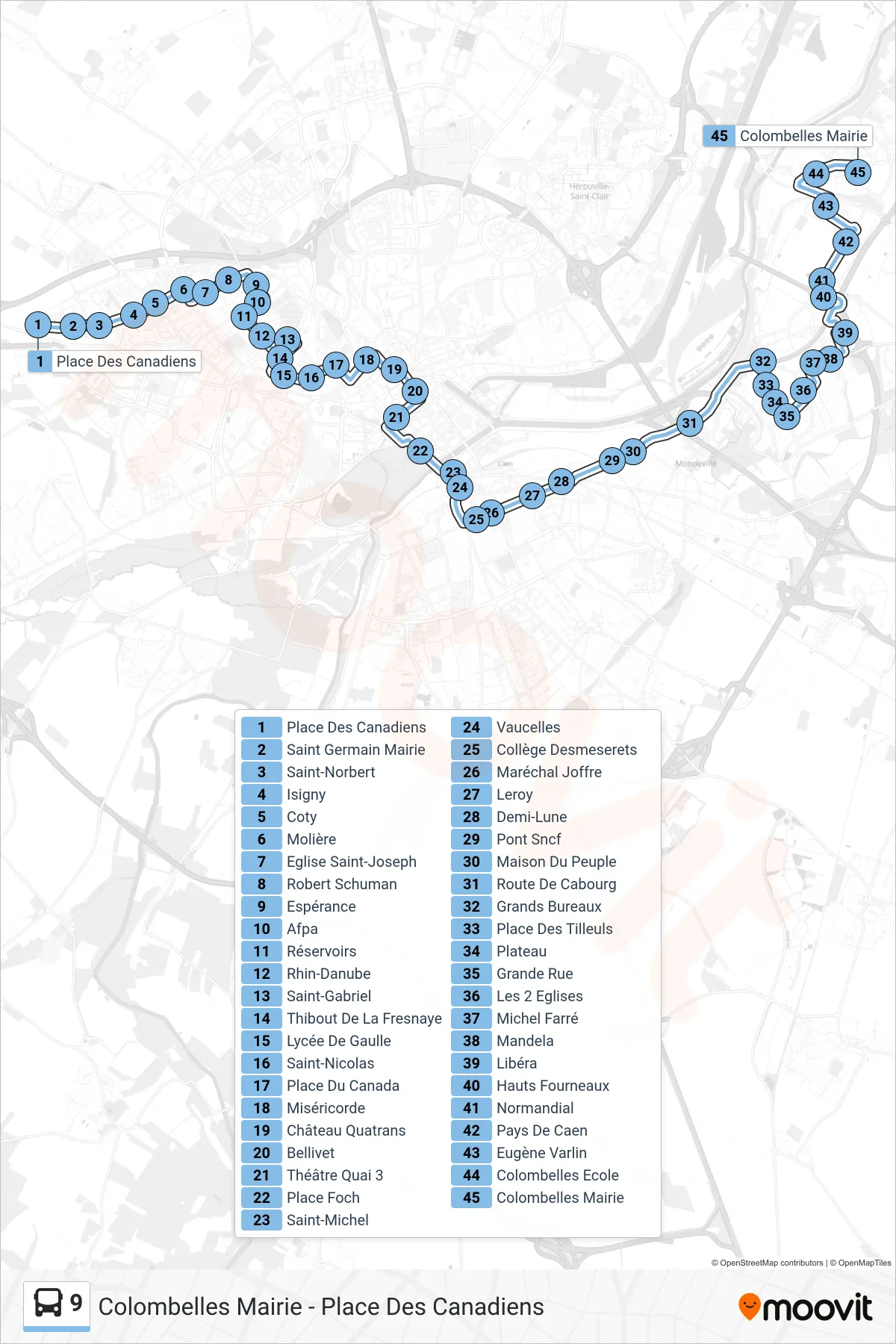 Tracé et arrêts de la ligne 9 de bus (Colombelles Mairie) sur une carte