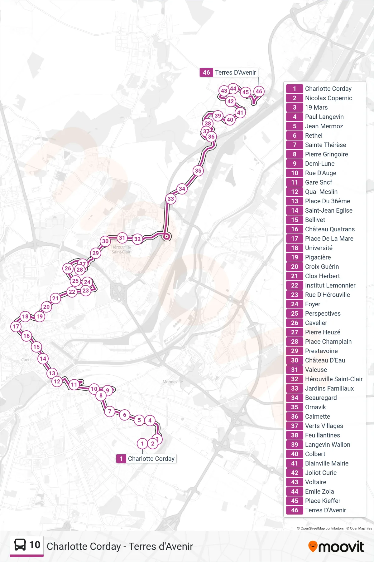 Tracé et arrêts de la ligne 10 de bus (Blainville Terres D'Avenir) sur une carte