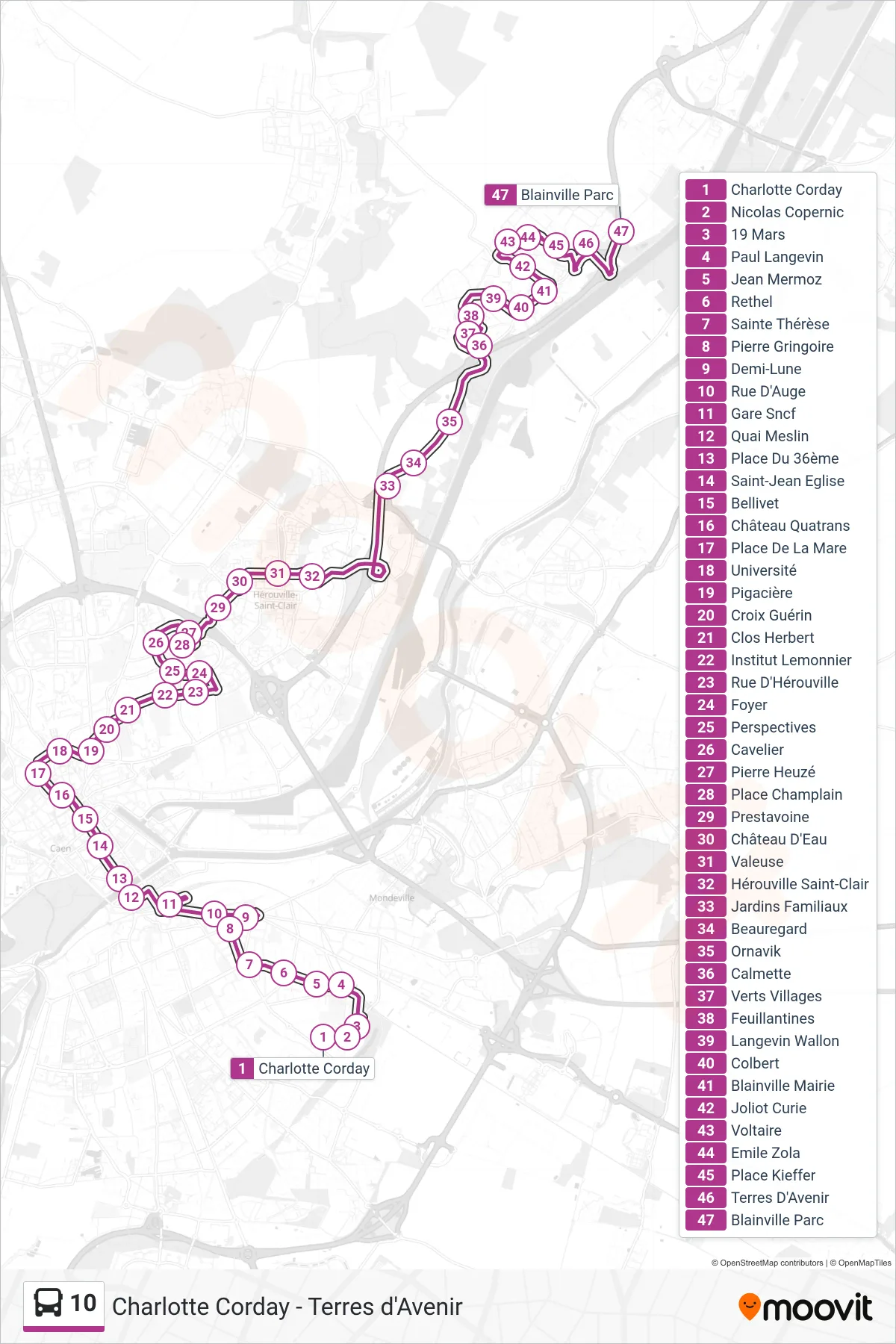Recorrido y paradas de la línea 10 de autobús (Blainville Parc) en el mapa