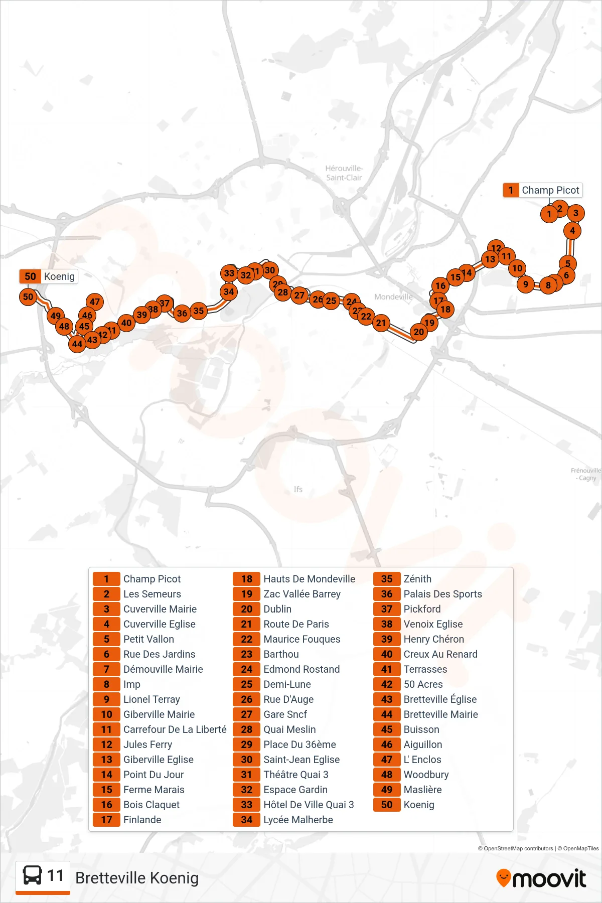 Tracé et arrêts de la ligne 11 de bus (Bretteville Koenig) sur une carte