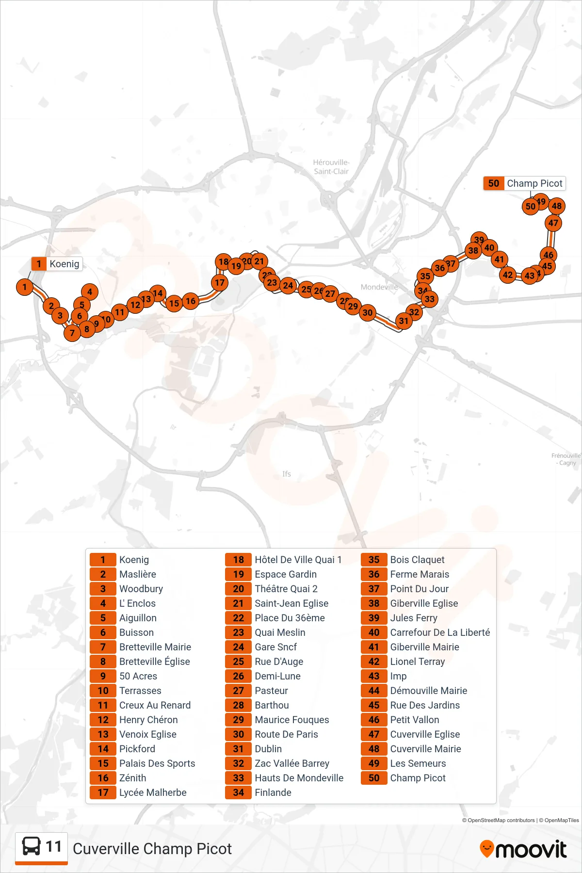 Recorrido y paradas de la línea 11 de autobús (Cuverville Champ Picot) en el mapa