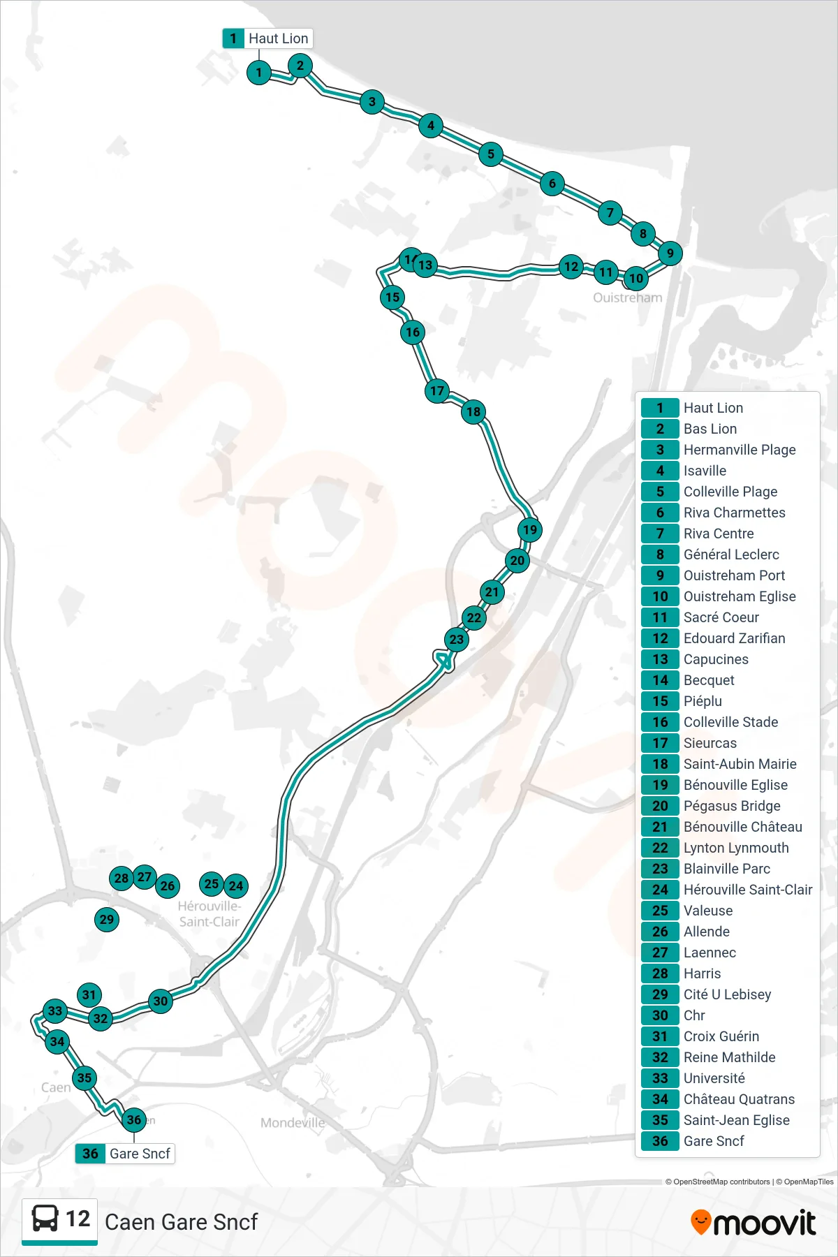 Tracé et arrêts de la ligne 12 de bus (Caen Gare Sncf) sur une carte