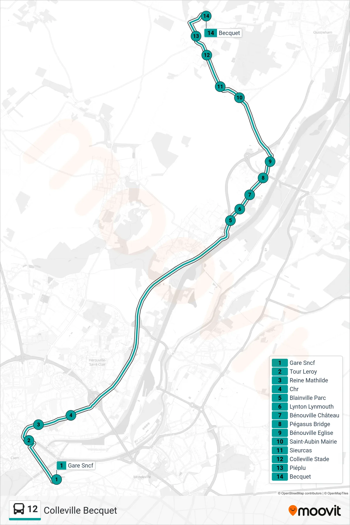 12 bus Line (Colleville Becquet) route and stops on a map