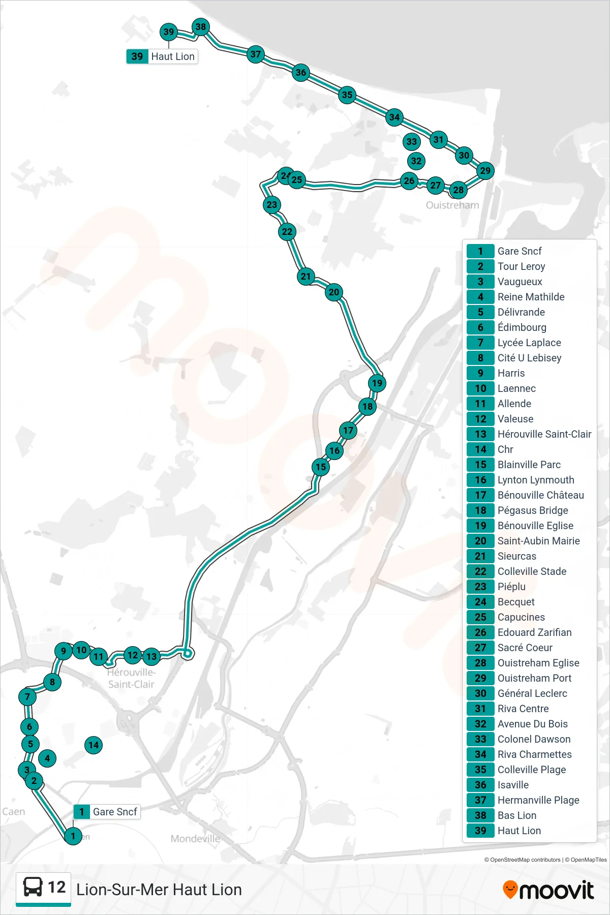 Tracé et arrêts de la ligne 12 de bus (Lion-Sur-Mer Haut Lion) sur une carte