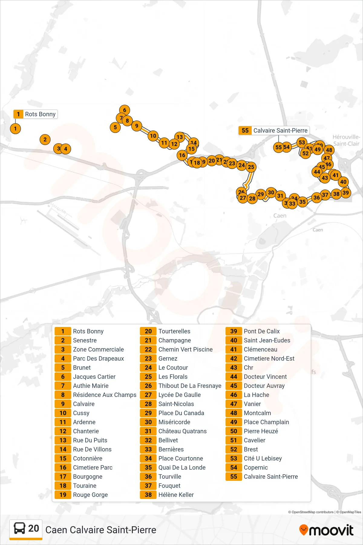 20 bus Line (Caen Calvaire Saint-Pierre) route and stops on a map
