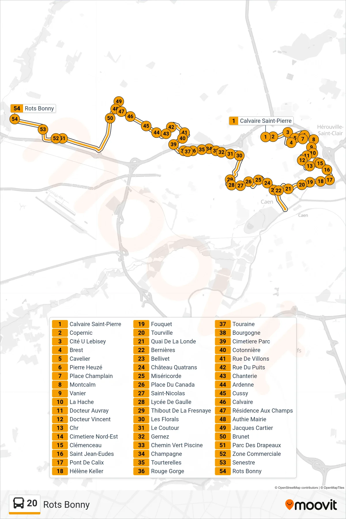 Tracé et arrêts de la ligne 20 de bus (Rots Bonny) sur une carte