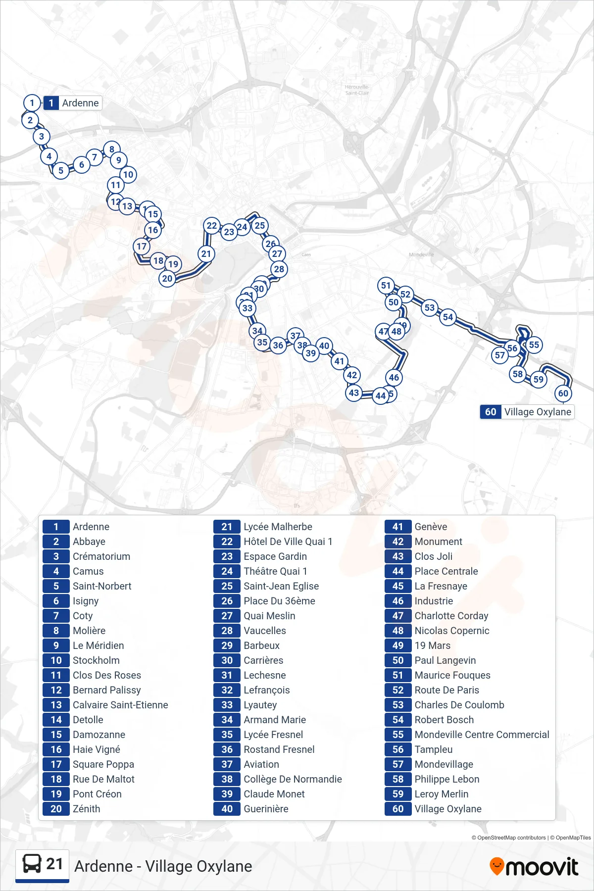 21 bus Line (Mondeville Village Oxylane) route and stops on a map