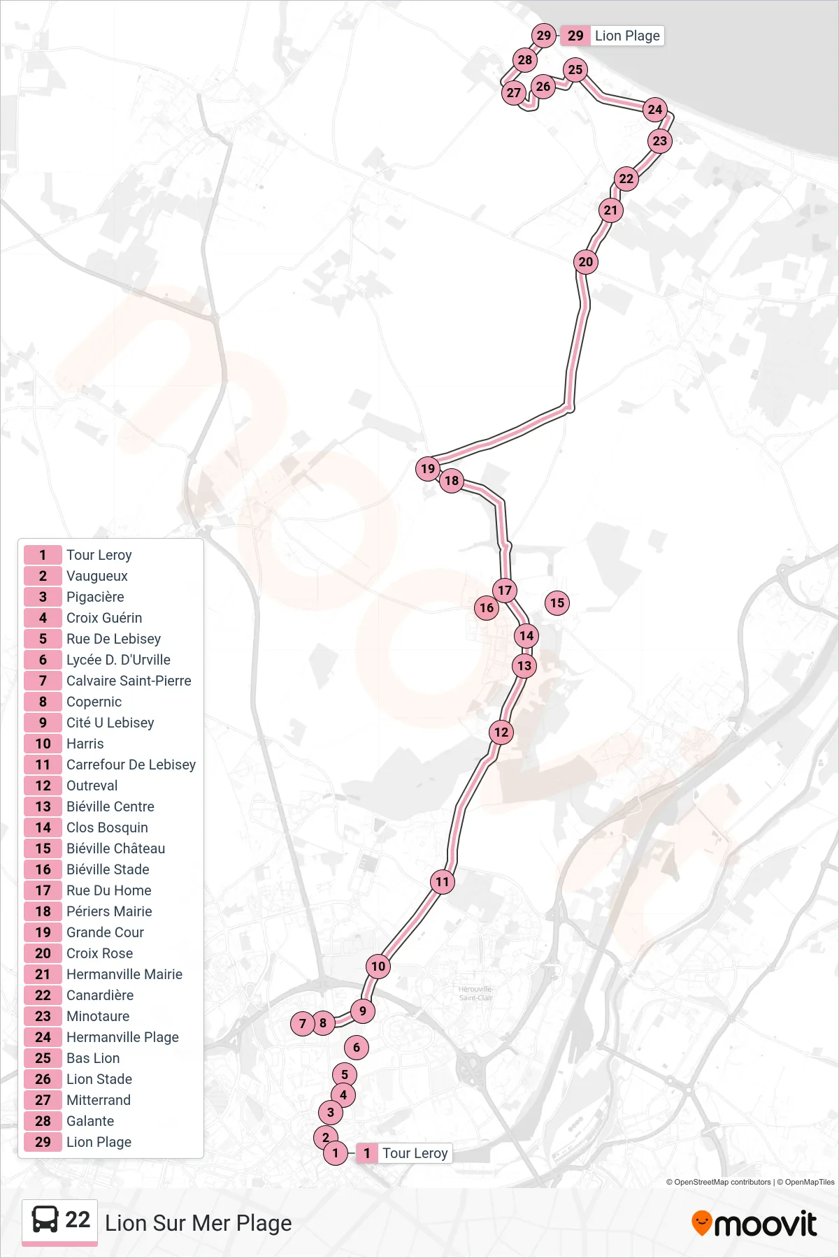 Tracé et arrêts de la ligne 22 de bus (Lion Sur Mer Plage) sur une carte
