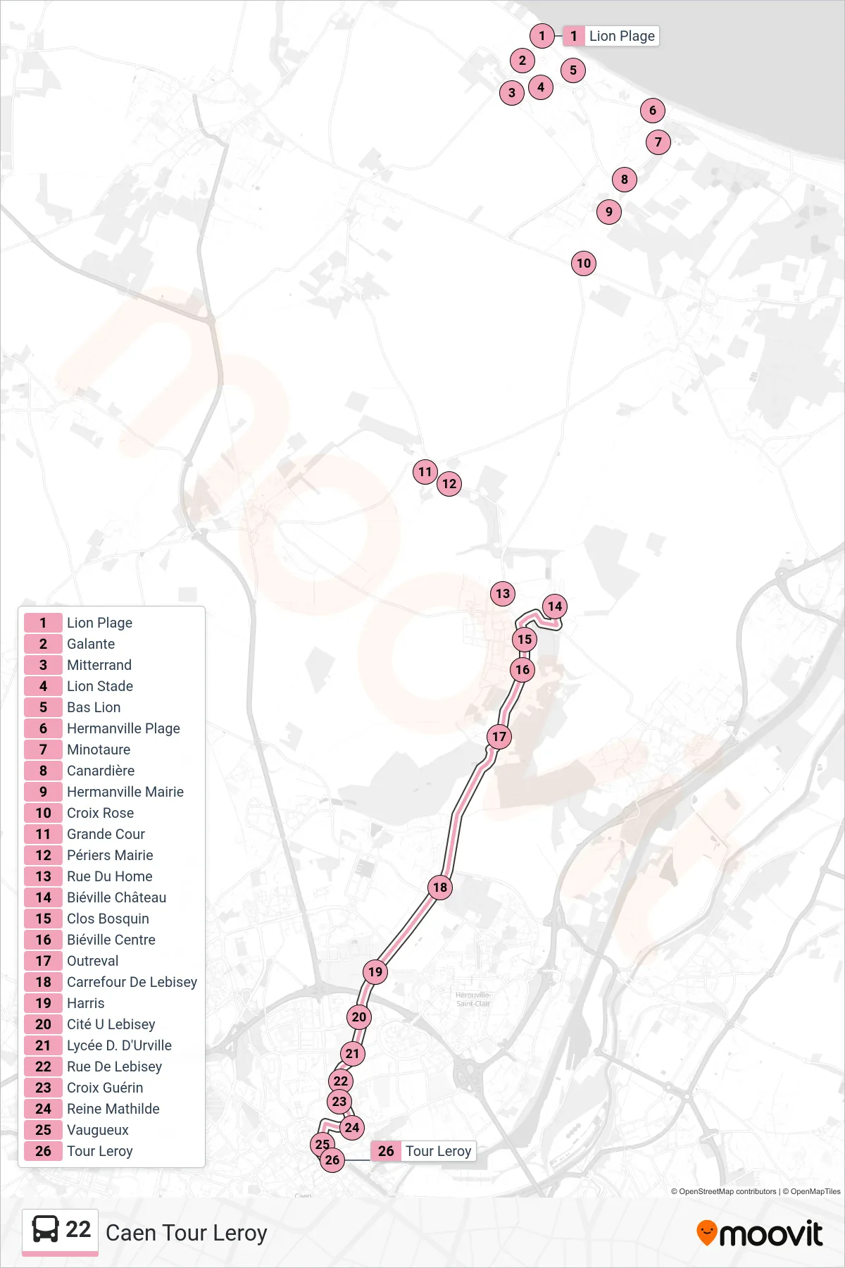 22 bus Line (Caen Tour Leroy) route and stops on a map