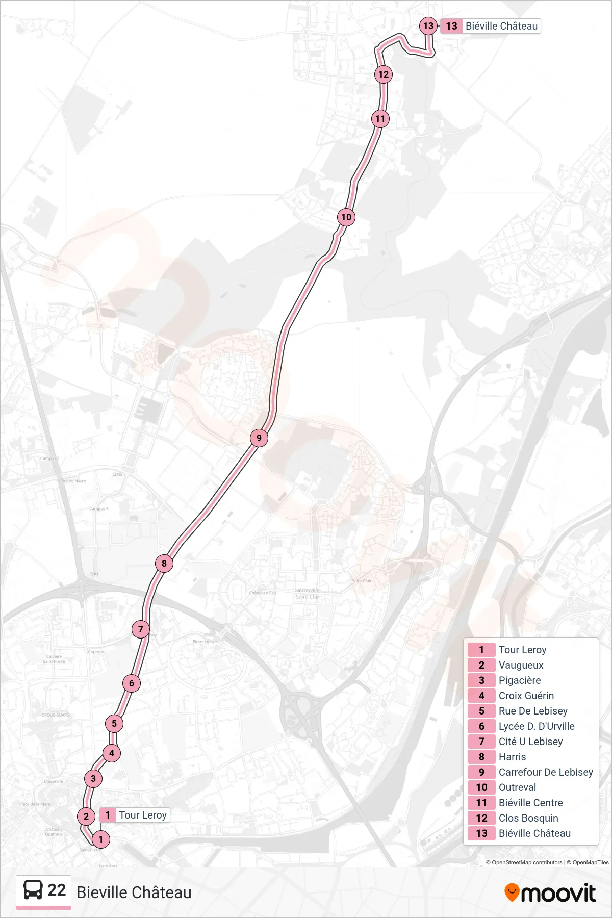 Tracé et arrêts de la ligne 22 de bus (Bieville Château) sur une carte