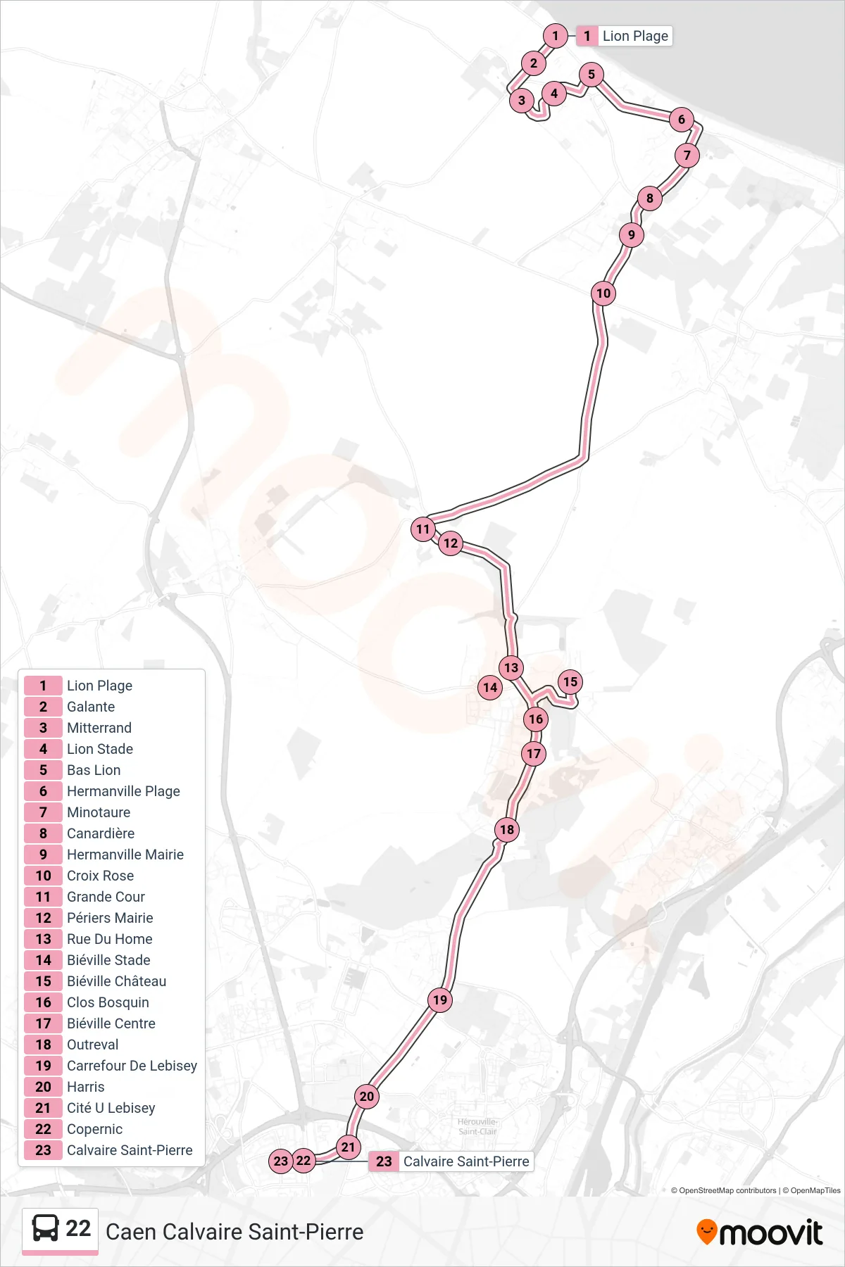 Tracé et arrêts de la ligne 22 de bus (Caen Calvaire Saint-Pierre) sur une carte