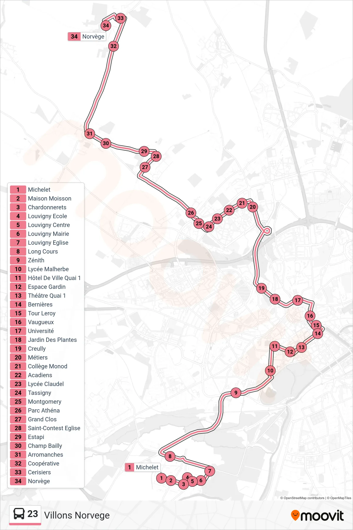 Tracé et arrêts de la ligne 23 de bus (Villons Norvege) sur une carte