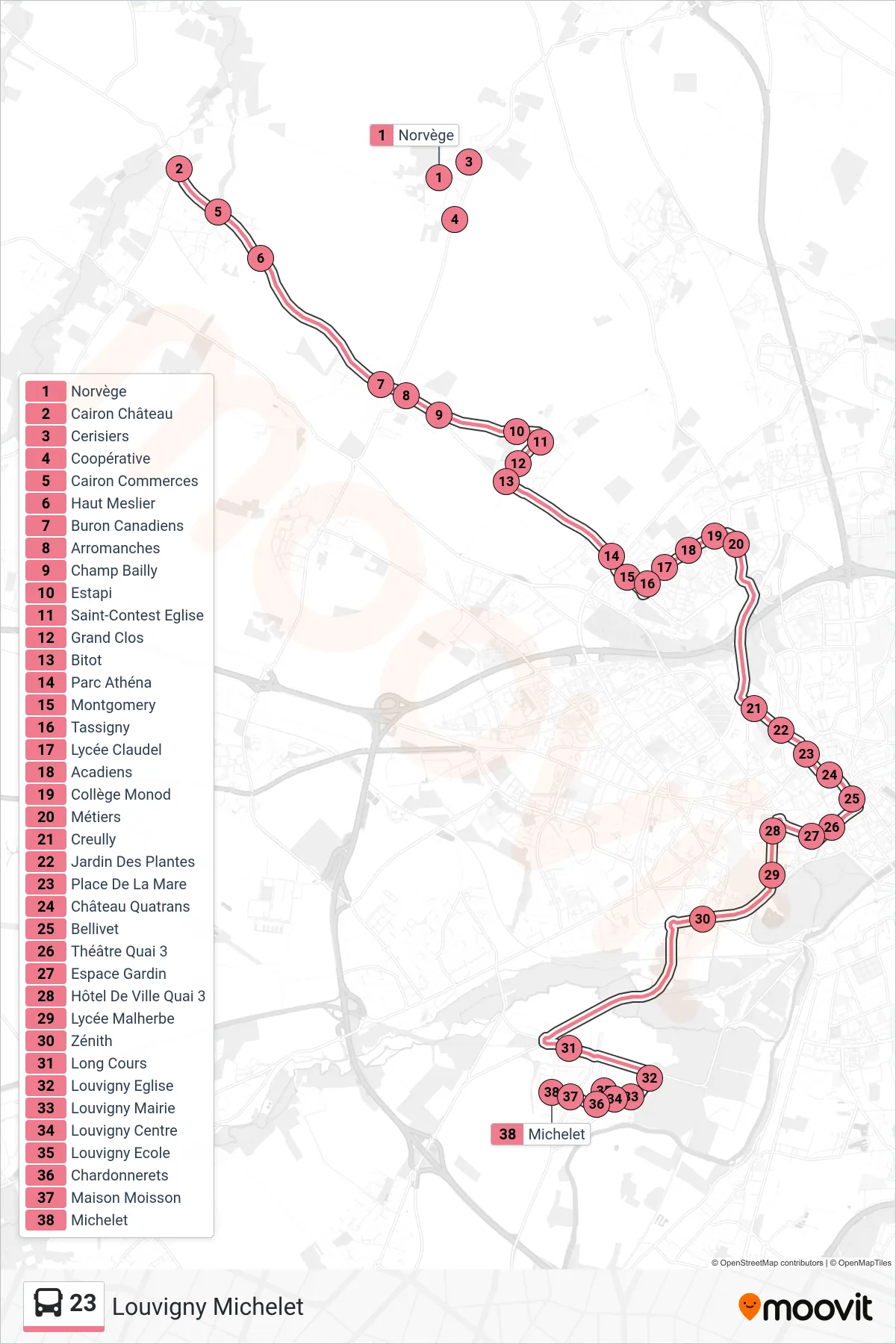 23 bus Line (Louvigny Michelet) route and stops on a map
