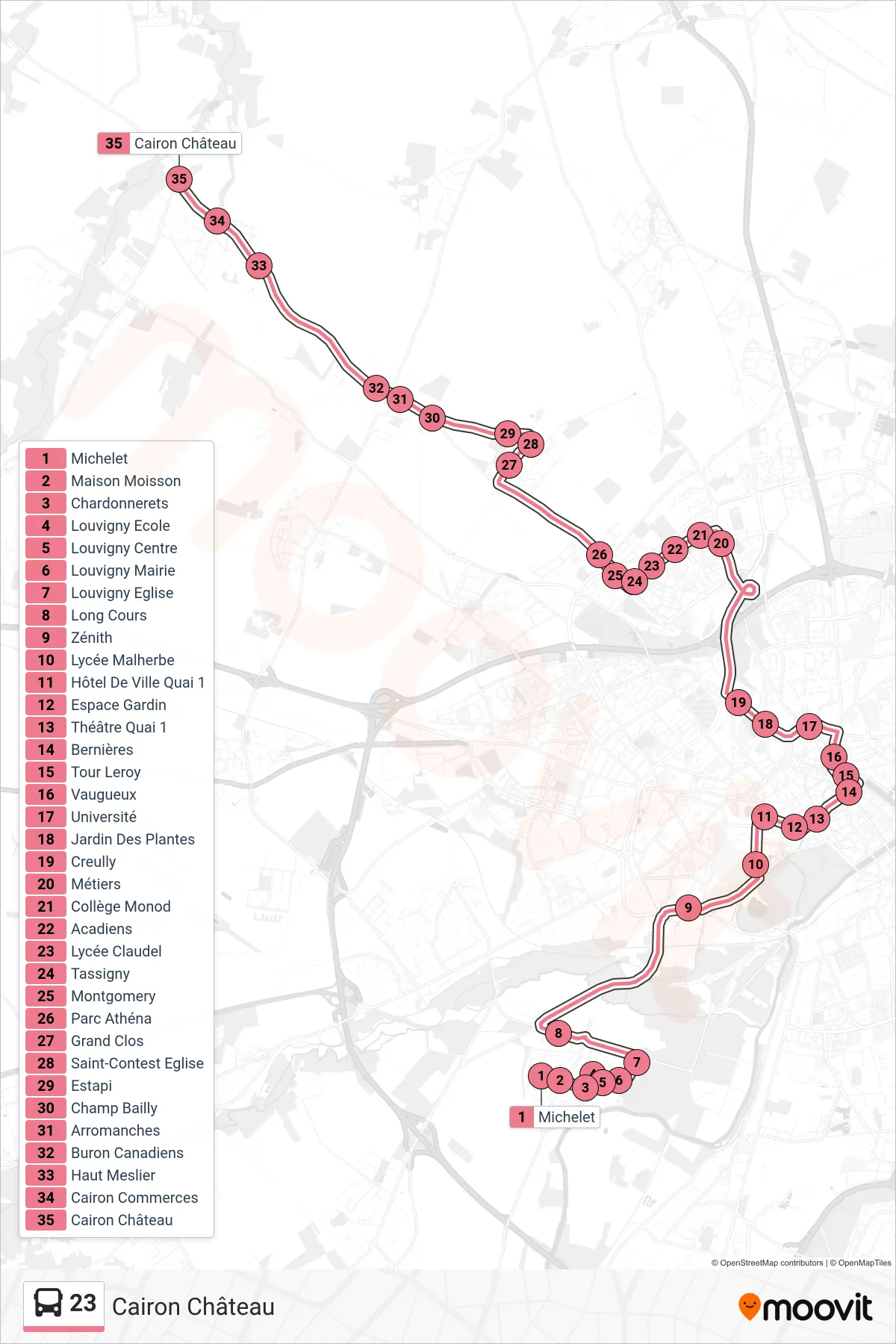 Tracé et arrêts de la ligne 23 de bus (Cairon Château) sur une carte
