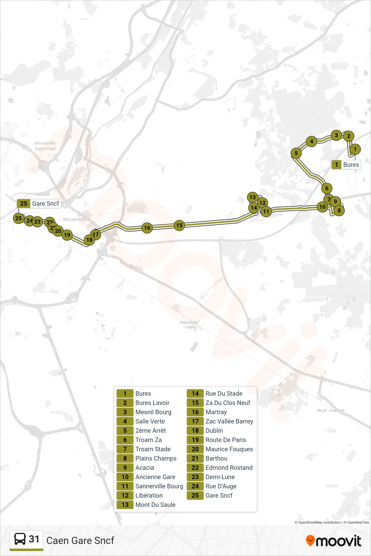 Tracé et arrêts de la ligne 31 de bus (Caen Gare Sncf) sur une carte