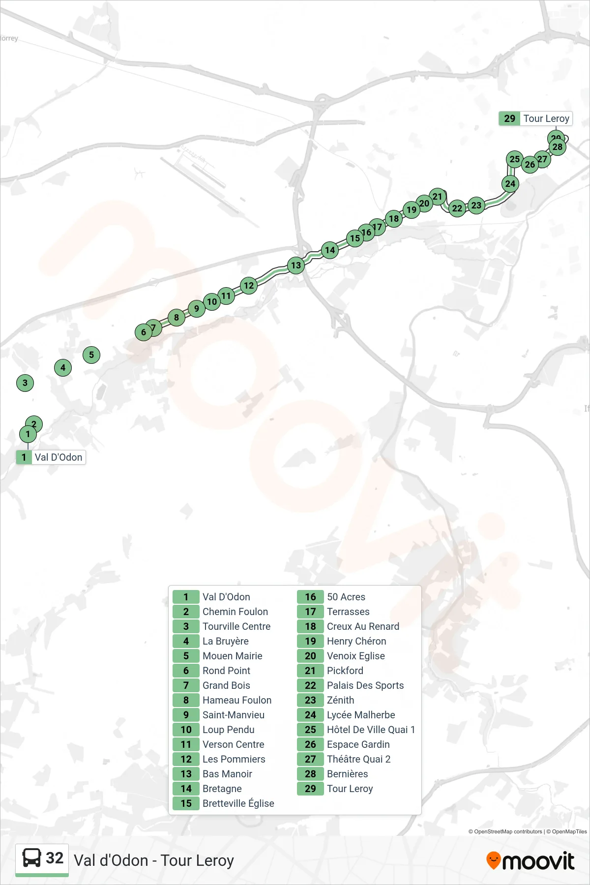 Tracé et arrêts de la ligne 32 de bus (Caen Tour Leroy) sur une carte