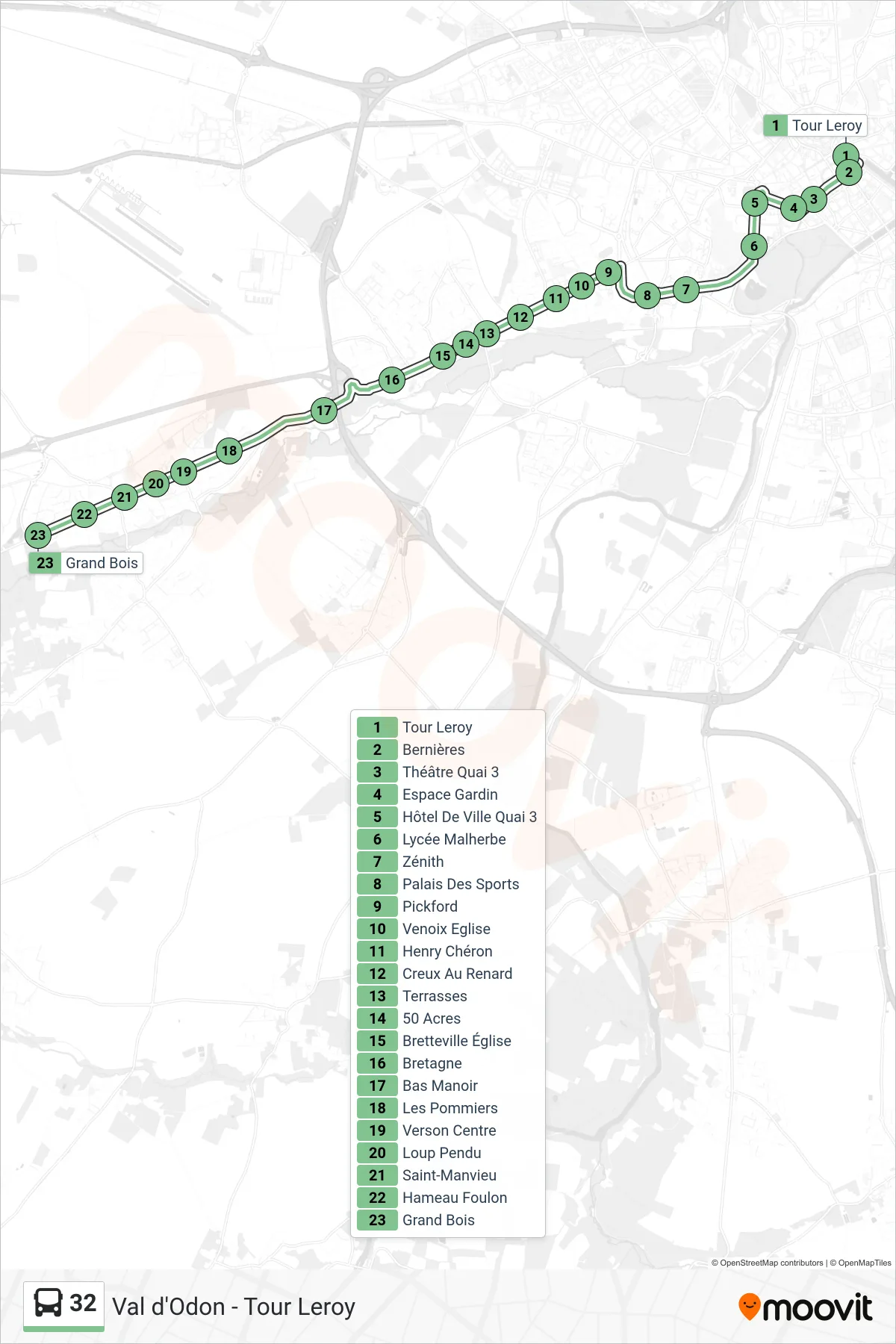Tracé et arrêts de la ligne 32 de bus (Verson Grand Bois) sur une carte