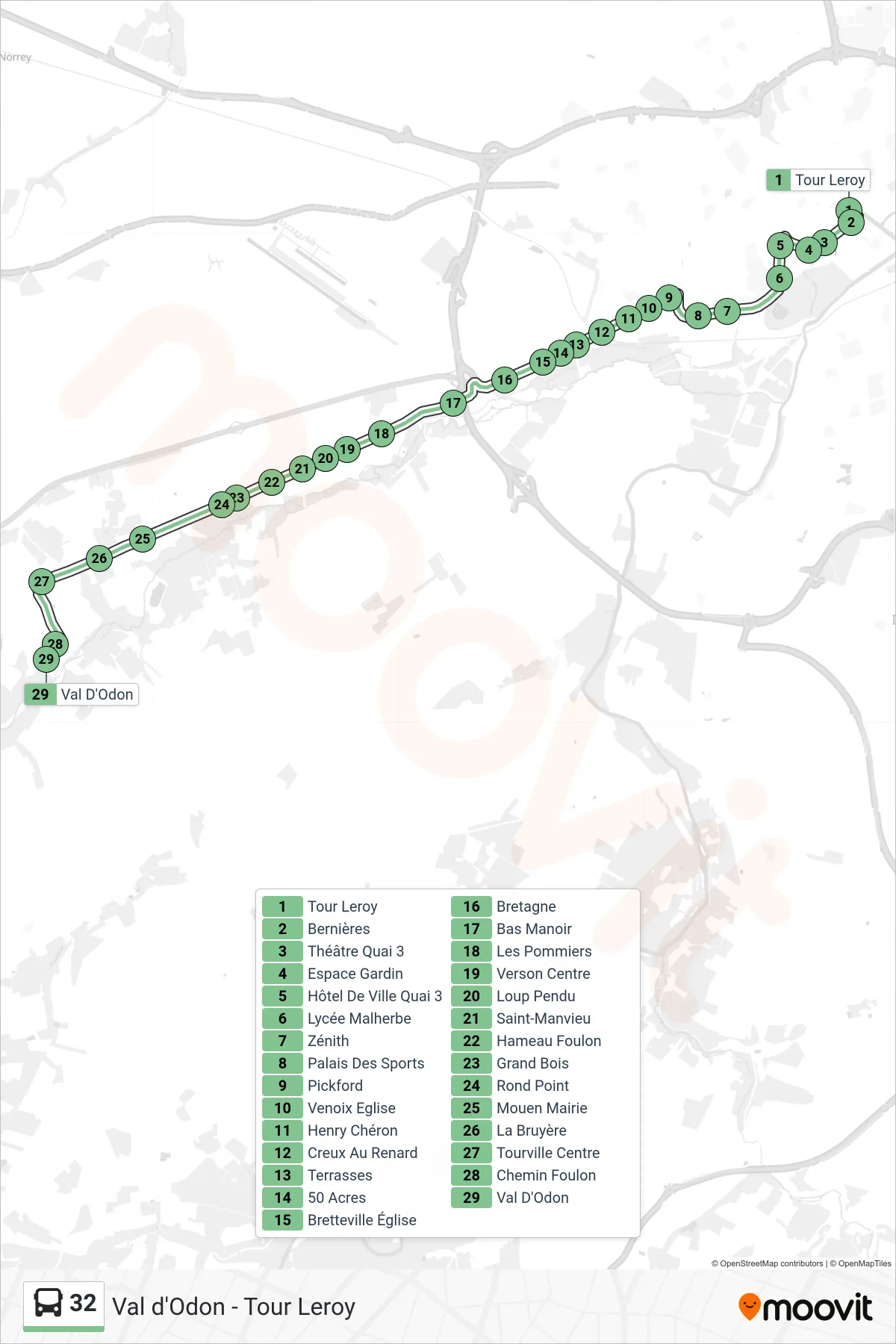 Tracé et arrêts de la ligne 32 de bus (Tourville Val D'Odon) sur une carte