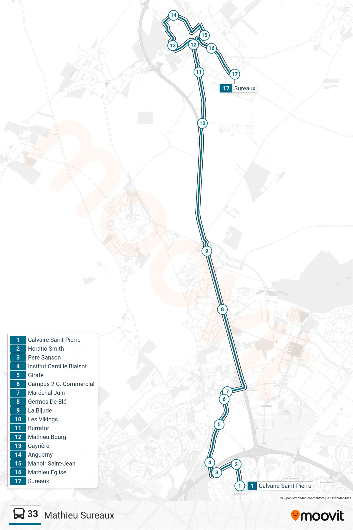 Tracé et arrêts de la ligne 33 de bus (Mathieu Sureaux) sur une carte