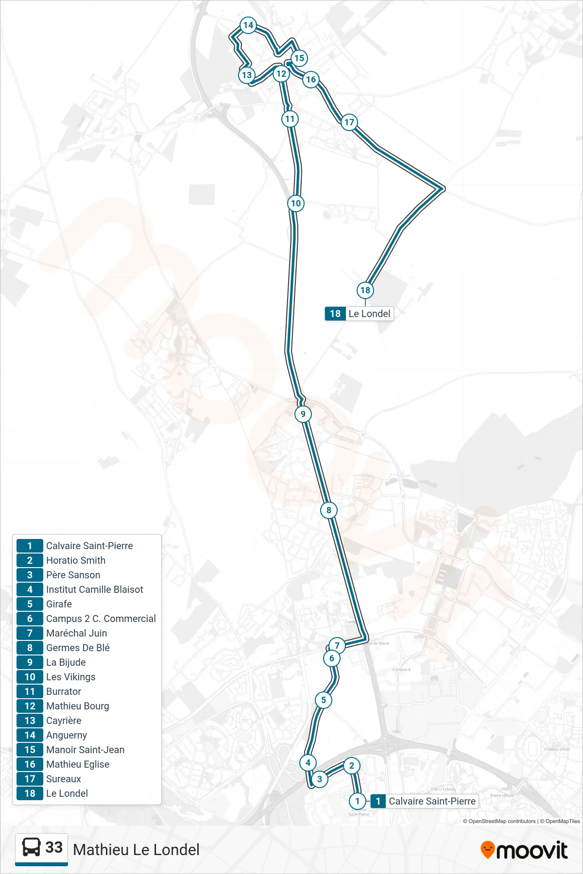 Tracé et arrêts de la ligne 33 de bus (Mathieu Le Londel) sur une carte