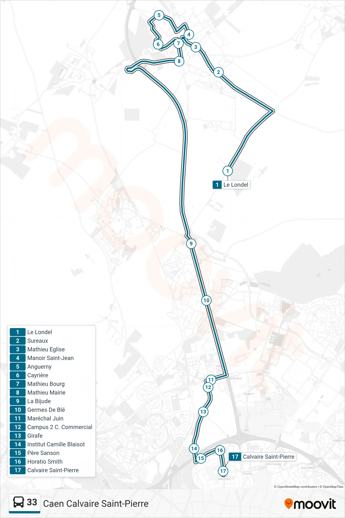 Recorrido y paradas de la línea 33 de autobús (Caen Calvaire Saint-Pierre) en el mapa
