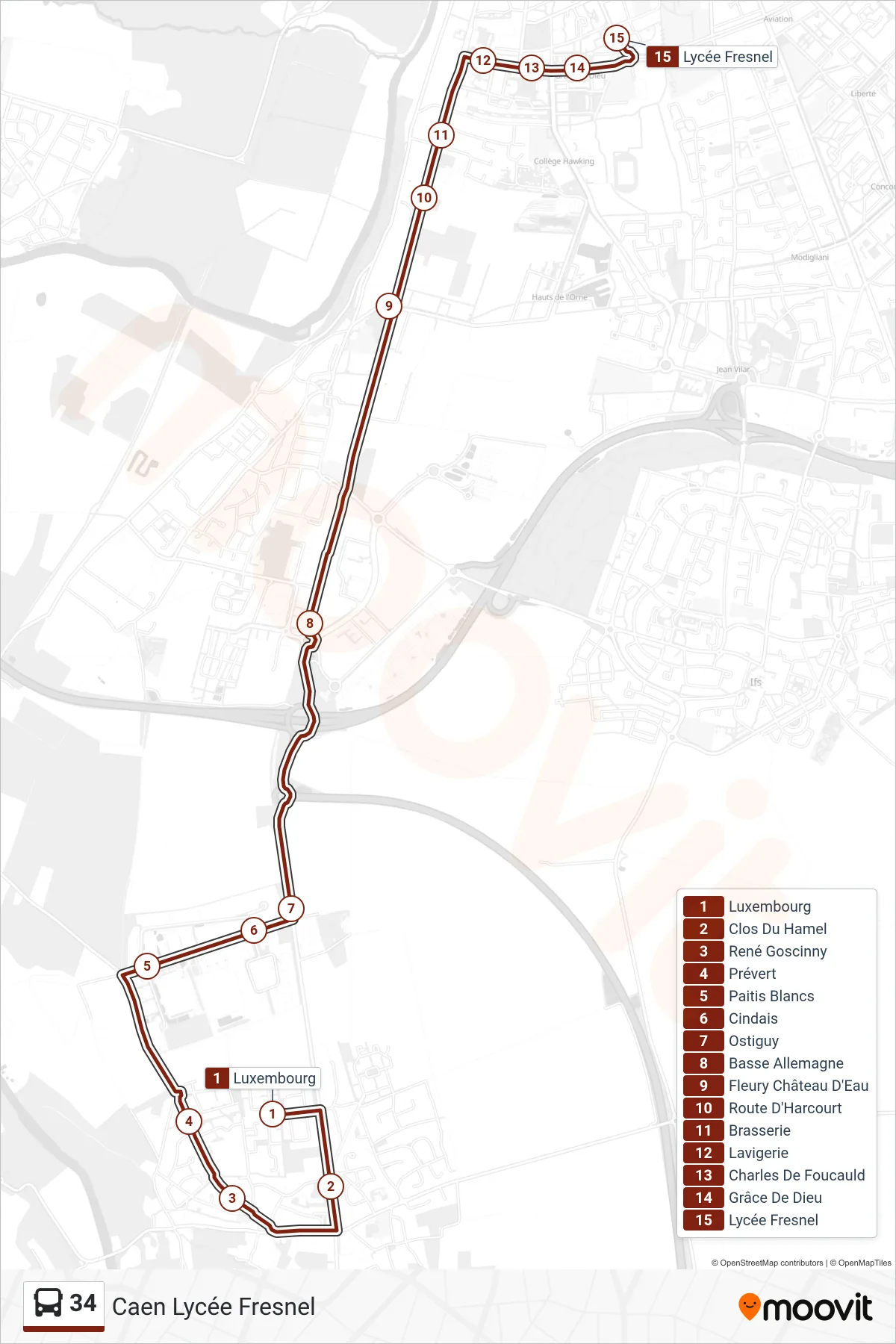 Tracé et arrêts de la ligne 34 de bus (Caen Lycée Fresnel) sur une carte