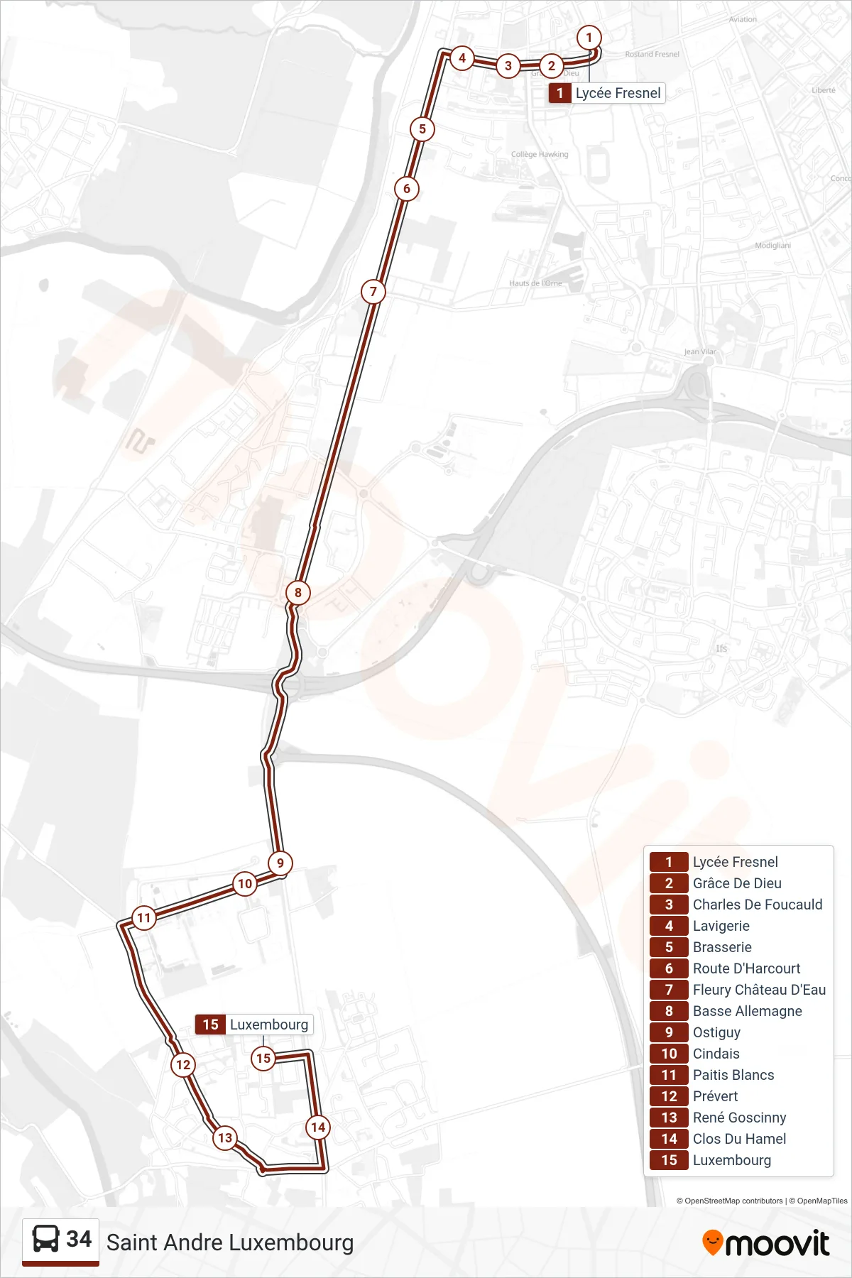 Tracé et arrêts de la ligne 34 de bus (Saint Andre Luxembourg) sur une carte