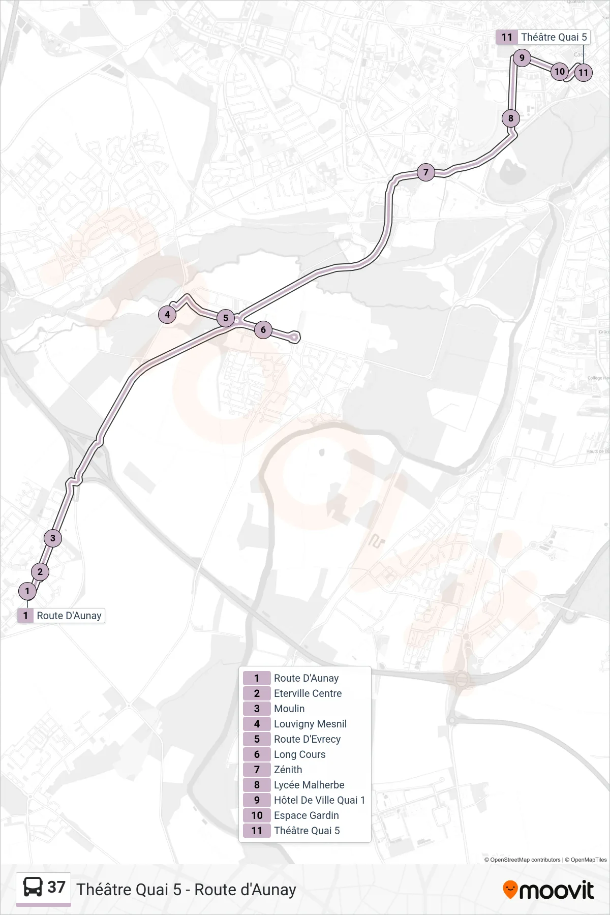 Tracé et arrêts de la ligne 37 de bus (Caen Théâtre) sur une carte