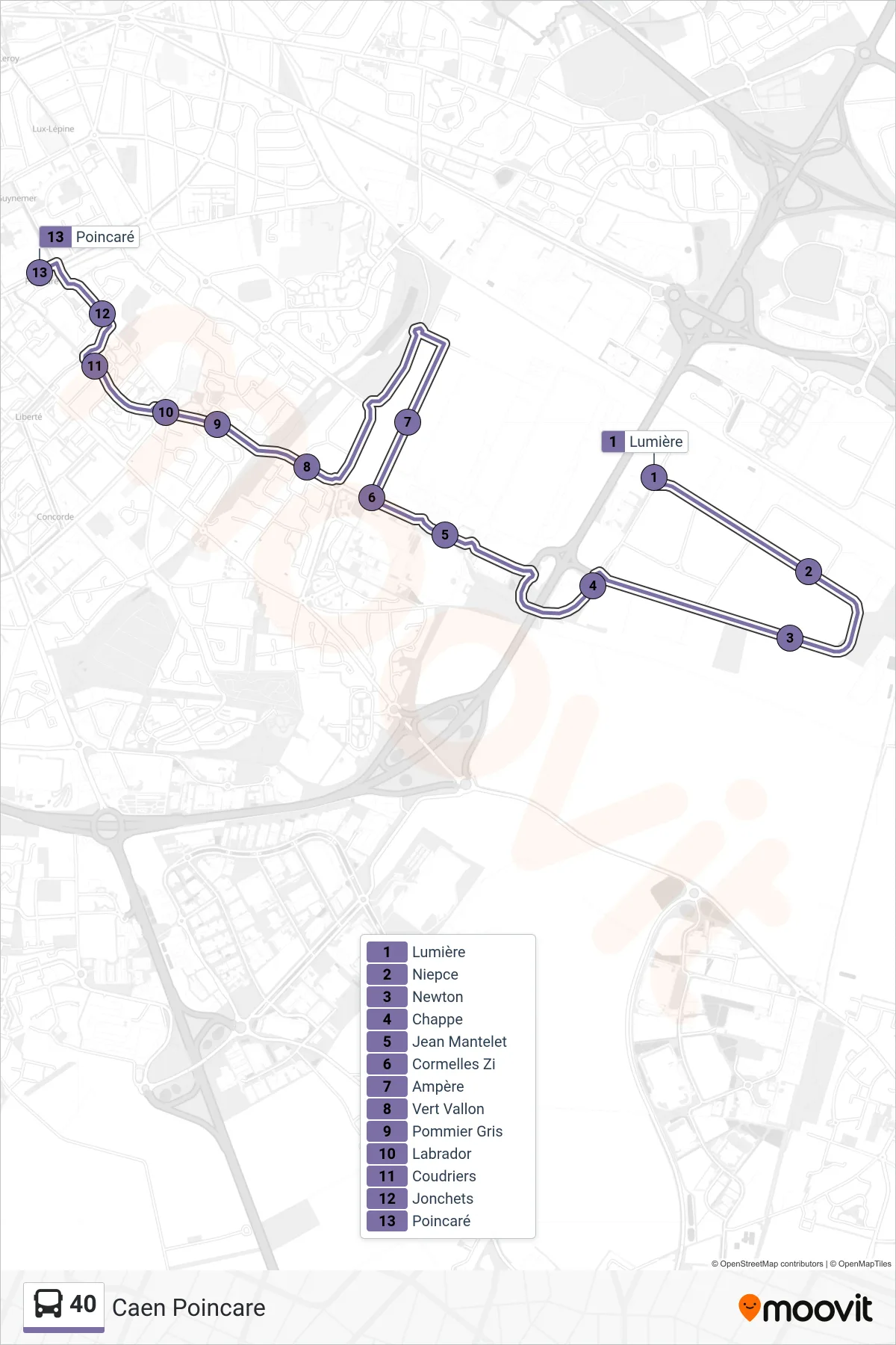 Tracé et arrêts de la ligne 40 de bus (Caen Poincare) sur une carte