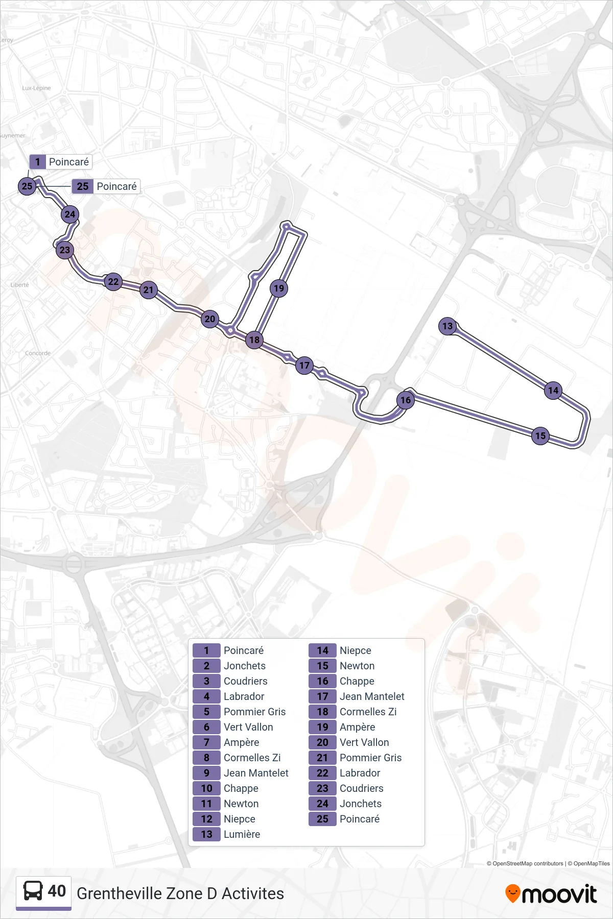 Tracé et arrêts de la ligne 40 de bus (Grentheville Zone D Activites) sur une carte