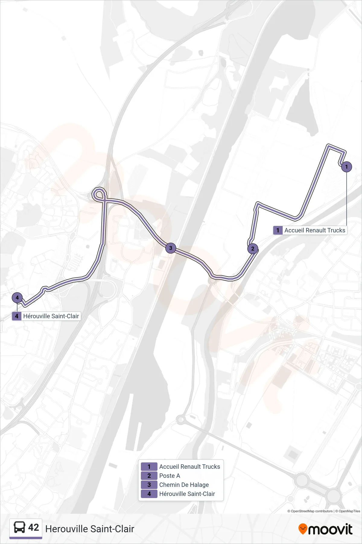 Tracé et arrêts de la ligne 42 de bus (Herouville Saint-Clair) sur une carte