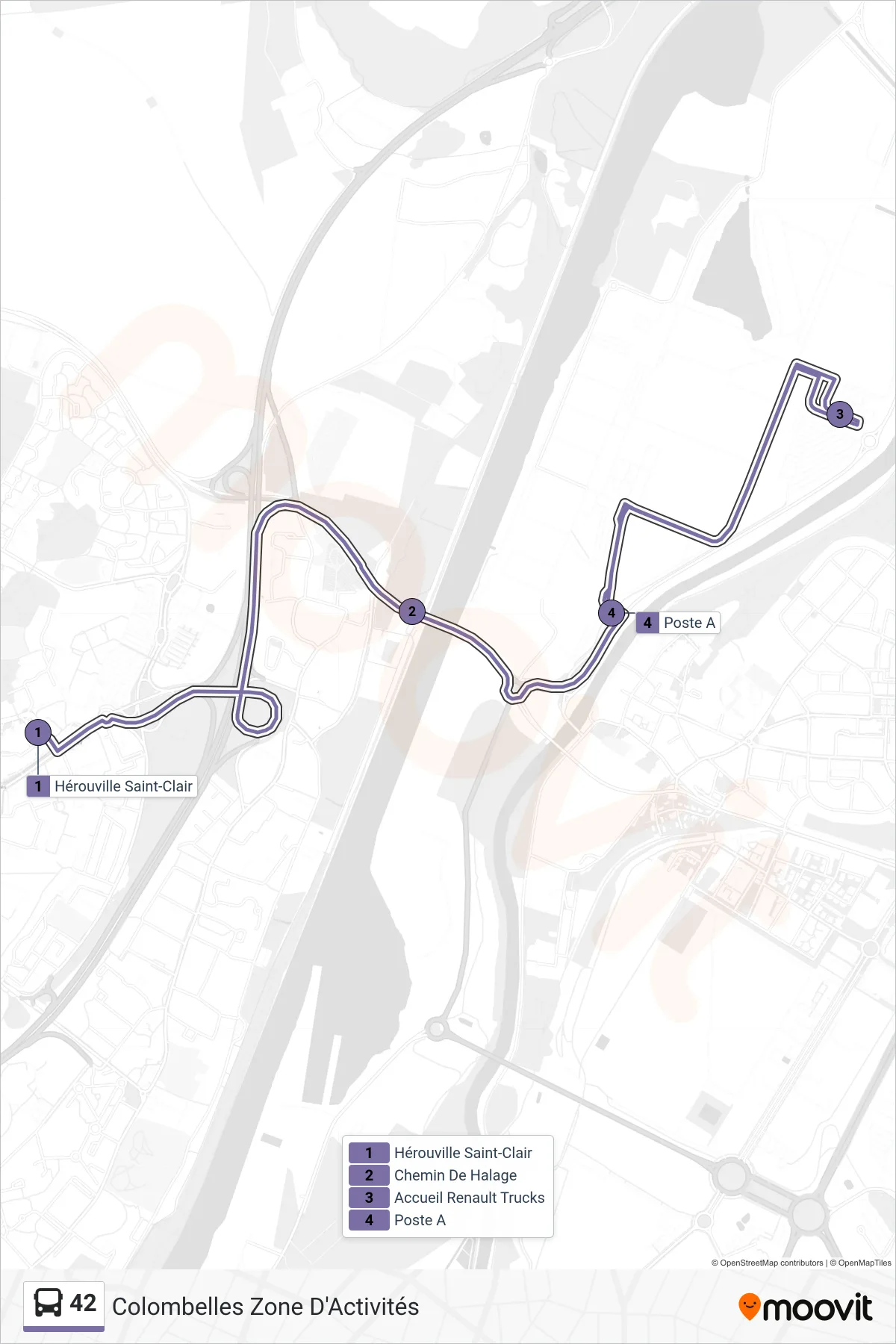 42 bus Line (Colombelles Zone D'Activités) route and stops on a map