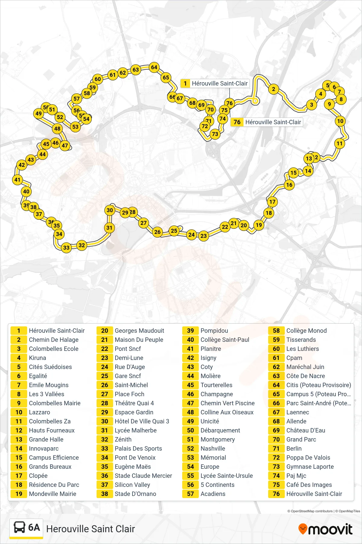 Tracé et arrêts de la ligne 6A de bus (Herouville Saint Clair) sur une carte