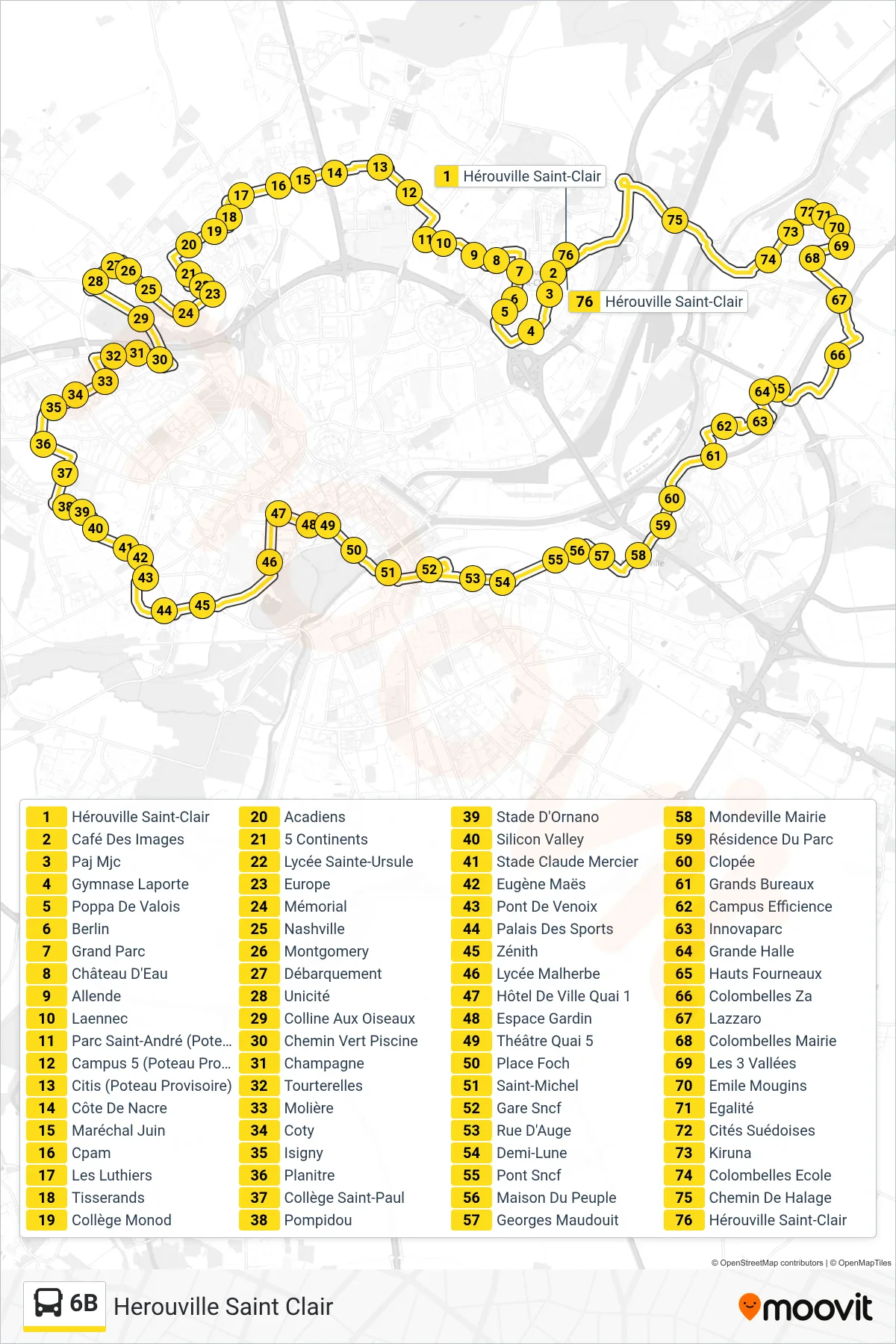 Tracé et arrêts de la ligne 6B de bus (Herouville Saint Clair) sur une carte