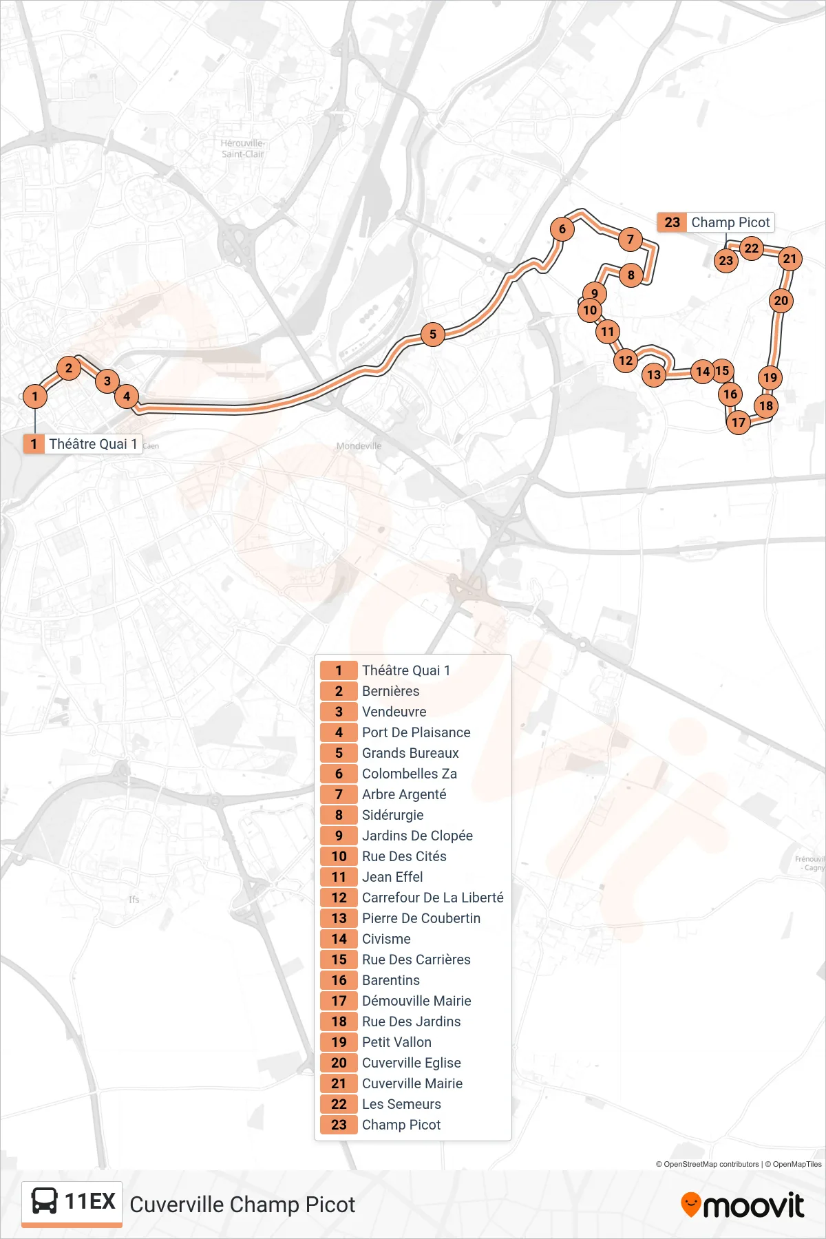 11EX bus Line (Cuverville Champ Picot) route and stops on a map
