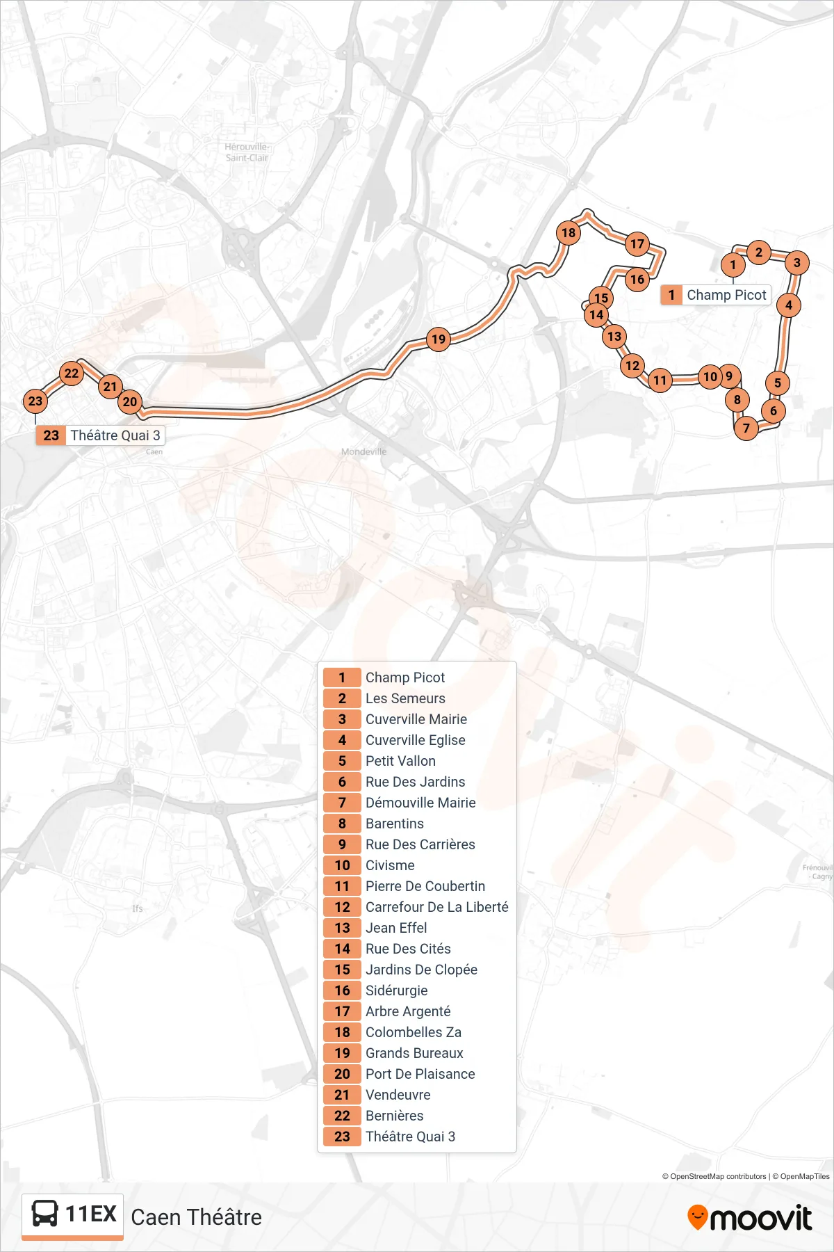 Tracé et arrêts de la ligne 11EX de bus (Caen Théâtre) sur une carte