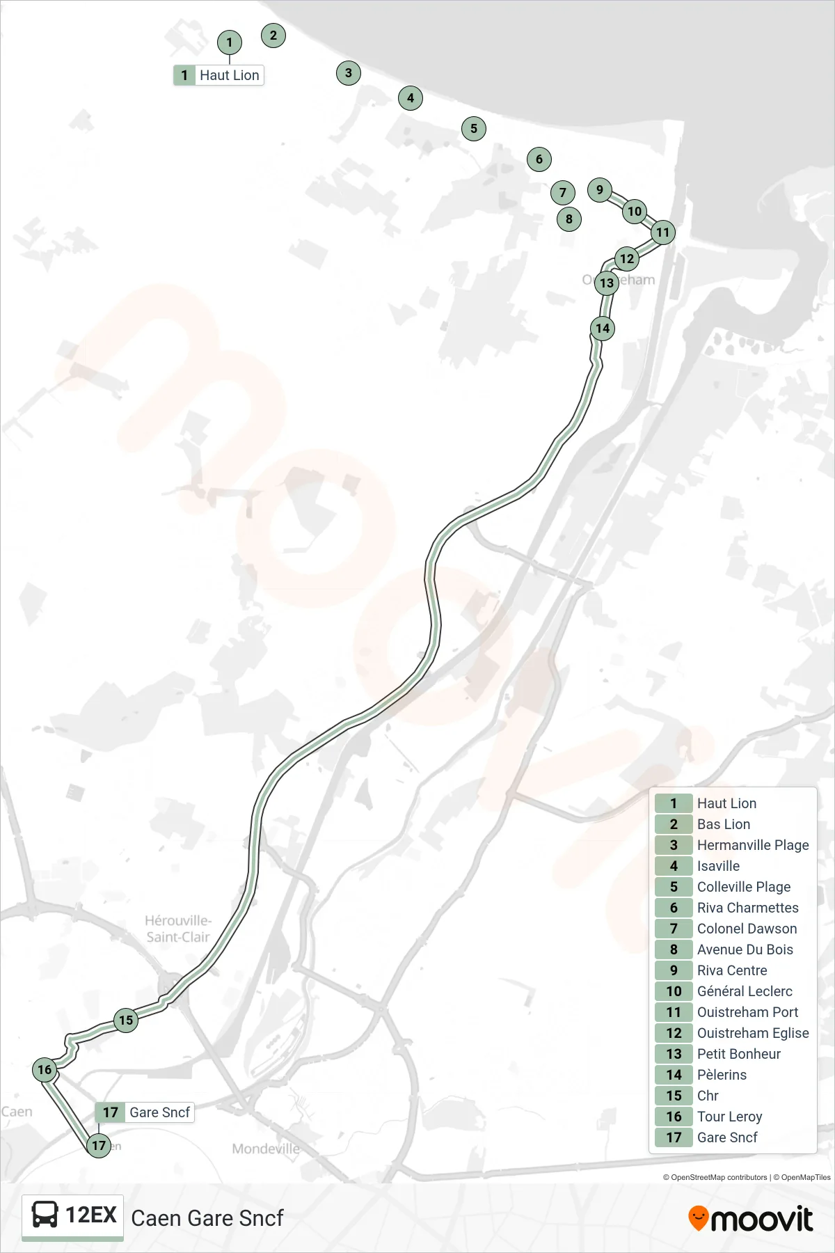 12EX bus Line (Caen Gare Sncf) route and stops on a map