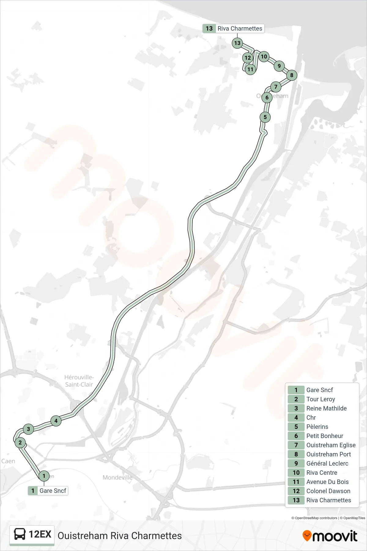 12EX bus Line (Ouistreham Riva Charmettes) route and stops on a map
