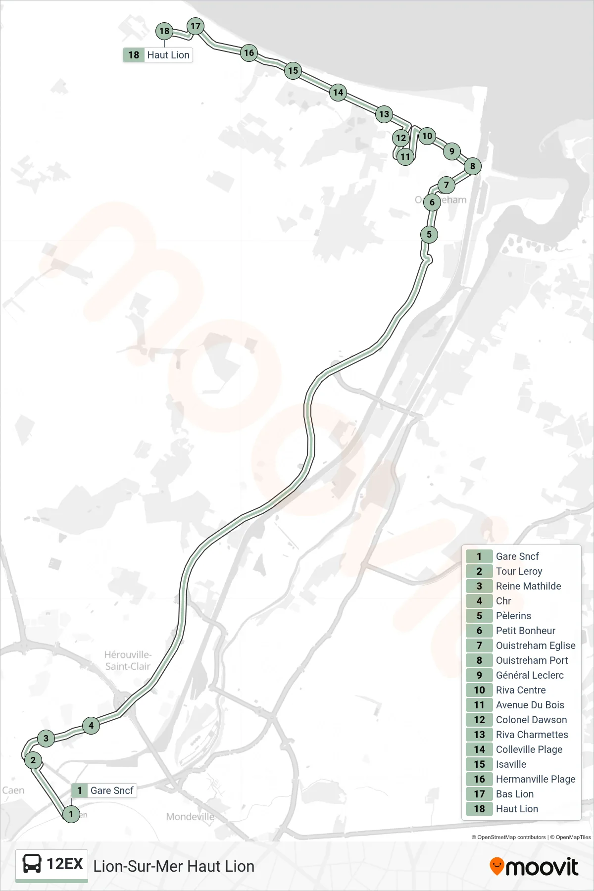 Tracé et arrêts de la ligne 12EX de bus (Lion-Sur-Mer Haut Lion) sur une carte
