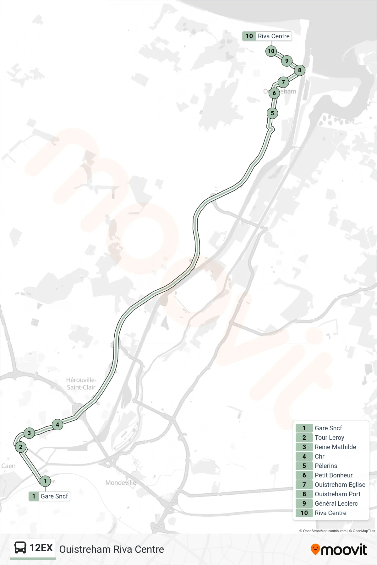 12EX bus Line (Ouistreham Riva Centre) route and stops on a map