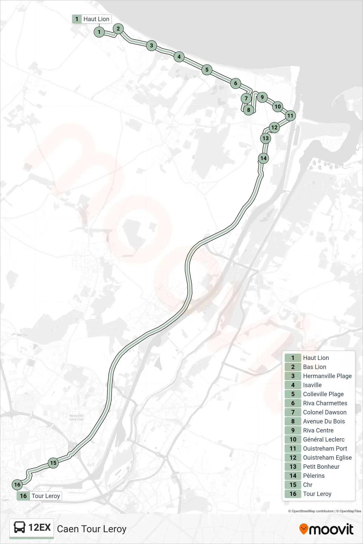 12EX bus Line (Caen Tour Leroy) route and stops on a map