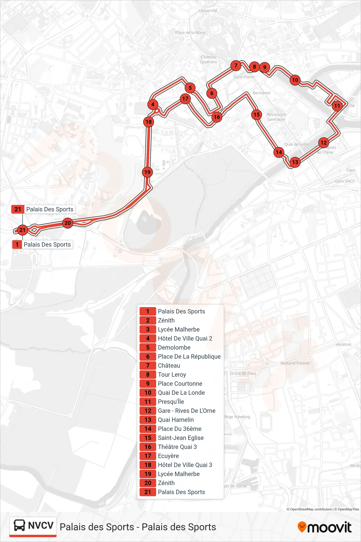 Tracé et arrêts de la ligne NVCV de bus (Caen Palais Des Sports) sur une carte