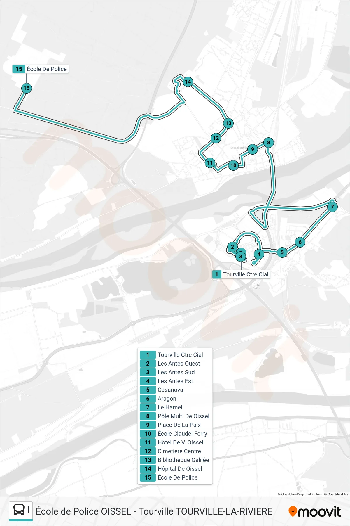 Tracé et arrêts de la ligne I de bus (École De Police) sur une carte