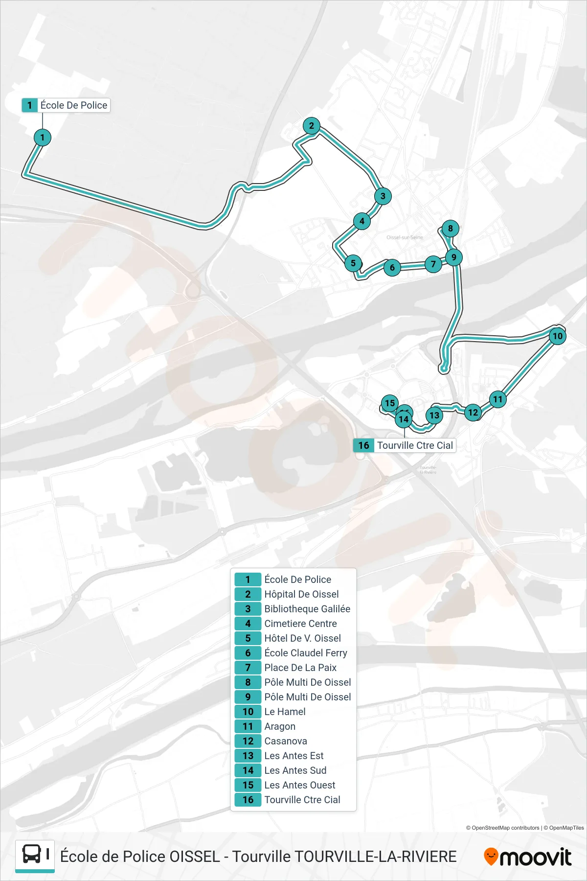 Tracé et arrêts de la ligne I de bus (Tourville Ctre Commercial) sur une carte